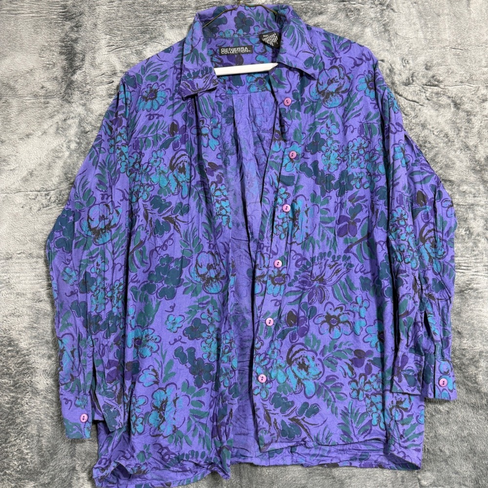 Generra Collection Button Down‎ Shirt Womens Small Purple Floral Rayon 313280